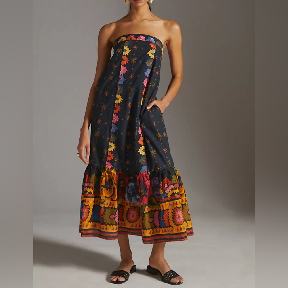 Farm Rio for Anthropologie Strapless Embroidered Dress